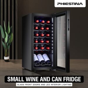 Phiestina Wine Cooler Wine and Beverage Refrigerator 18 Bottles or 15 Bottles 9 cans Beer Fridge Freestanding,with Removable Shelves Interior Lighting Digital Touch Control for Home/Bar/Office