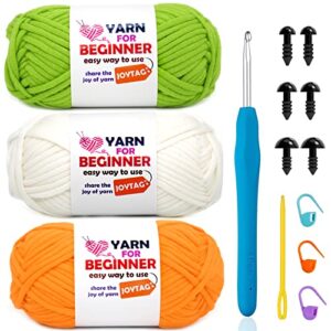 3 pack beginners crochet yarn green white orange cotton crochet yarn for crocheting knitting beginners with easy-to-see stitches cotton-nylon blend crochet yarn for beginners crochet kit(3x50g)