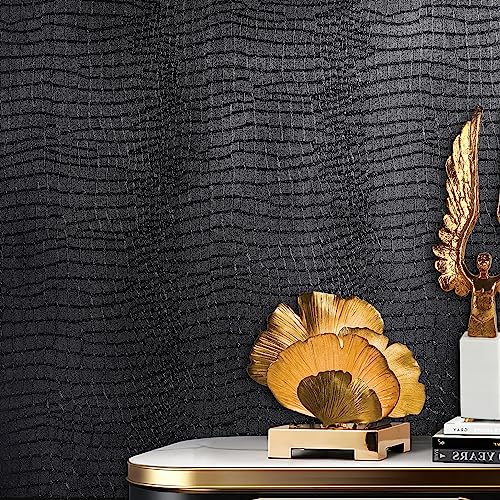 Black Peel and Stick Wallpaper, 15.7" X 118" Crocodile Wallpaper Embossed Easy Peel off Wallpaper Self Adhesive Removable Contact Paper Textured Wallpaper for Cabinet Bedroom with Knife Tape Measure