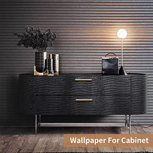 Black Peel and Stick Wallpaper, 15.7" X 118" Crocodile Wallpaper Embossed Easy Peel off Wallpaper Self Adhesive Removable Contact Paper Textured Wallpaper for Cabinet Bedroom with Knife Tape Measure