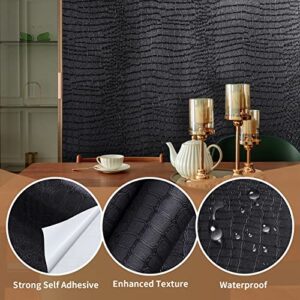 Black Peel and Stick Wallpaper, 15.7" X 118" Crocodile Wallpaper Embossed Easy Peel off Wallpaper Self Adhesive Removable Contact Paper Textured Wallpaper for Cabinet Bedroom with Knife Tape Measure