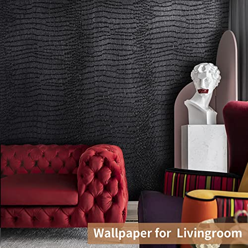 Black Peel and Stick Wallpaper, 15.7" X 118" Crocodile Wallpaper Embossed Easy Peel off Wallpaper Self Adhesive Removable Contact Paper Textured Wallpaper for Cabinet Bedroom with Knife Tape Measure