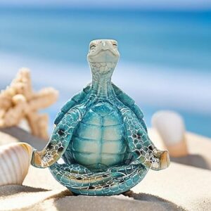 VVGIFTS Sea Turtle Meditation Yoga Decor, Sea Turtle Meditating Coastal Beach Decorations, Zen Yoga Resin Sea Turtle Statue for Home Office Decorations (Put The Palms Separate)