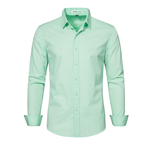 MUSE FATH Men's Solid Designer Clothes-Casual Long Sleeve Shirt-Button Up Wedding Dress Shirt-Light Green-XS