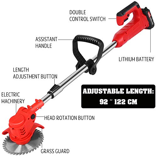 Weed Wacker Cordless String Trimmer - 24V Power Weed Eater Grass Trimmer with 3 Function Blades, Height Adjustable Lawn Edger Brush Cutter for Home Garden, Lawn, Yard (A 1 Battery red)