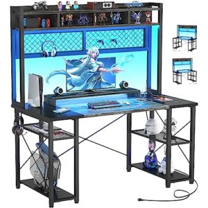 armocity 2023 upgrade gaming desk with hutch, 48'' magic computer desk with led lights and outlets, reversible workstation desk with pegboard and monitor stand, 48 gamer desk pc table, grey and black