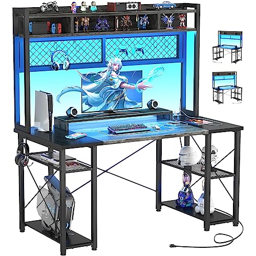 armocity 2023 Upgrade Gaming Desk with Hutch, 48'' Magic Computer Desk with LED Lights and Outlets, Reversible Workstation Desk with Pegboard and Monitor Stand, 48 Gamer Desk PC Table, Grey and Black