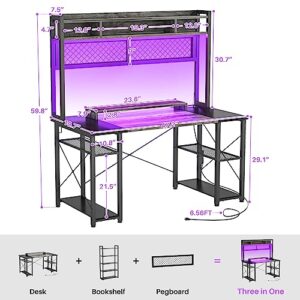 armocity 2023 Upgrade Gaming Desk with Hutch, 48'' Magic Computer Desk with LED Lights and Outlets, Reversible Workstation Desk with Pegboard and Monitor Stand, 48 Gamer Desk PC Table, Grey and Black