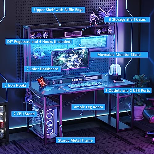 armocity 2023 Upgrade Gaming Desk with Hutch, 48'' Magic Computer Desk with LED Lights and Outlets, Reversible Workstation Desk with Pegboard and Monitor Stand, 48 Gamer Desk PC Table, Grey and Black