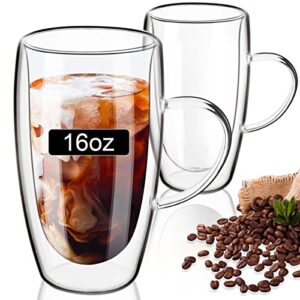 paracity double wall glass coffee mugs 16oz with handle, coffee cups set of 2, clear borosilicate glass coffee mugs, perfect for cappuccino, latte, espresso, hot beverage, tea