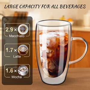 PARACITY Double Wall Glass Coffee Mugs 16oz with Handle, Coffee Cups Set of 2, Clear Borosilicate Glass Coffee Mugs, Perfect for Cappuccino, Latte, Espresso, Hot Beverage, Tea