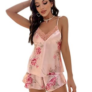 WDIRARA Women's Silk Pajamas Set Contrast Lace Satin Cami Shorts Nightwear Soft Sleeveless Floral Print Sleepwear Baby Pink M