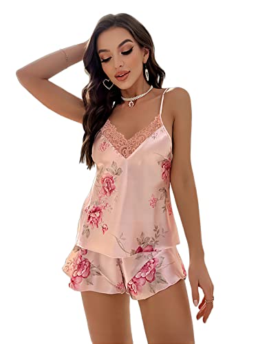 WDIRARA Women's Silk Pajamas Set Contrast Lace Satin Cami Shorts Nightwear Soft Sleeveless Floral Print Sleepwear Baby Pink M