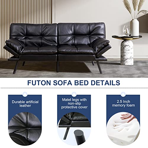 QAIIOO Futon Couch Modern Convertible Memory Foam,Faux Leather Loveseat Folding Sleeper Sofa Bed,Apartment,Dorm,Bonus Room, 71" D x 33" W x 31.5" H, Black 03