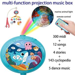 Baby Musical Crib Mobile Bed Bell Crib Bell, Multi-Function Electric Projection Light Music Box with Lullaby, Ocean Animals 360°Hanging Rotating Teether Rattle Toys（Blue）