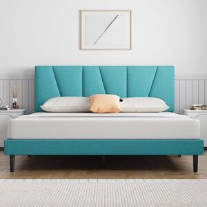 molblly queen bed frame upholstered platform with headboard and strong wooden slats, strong weight capacity, non-slip and noise-free,no box spring needed, easy assembly,peacock green