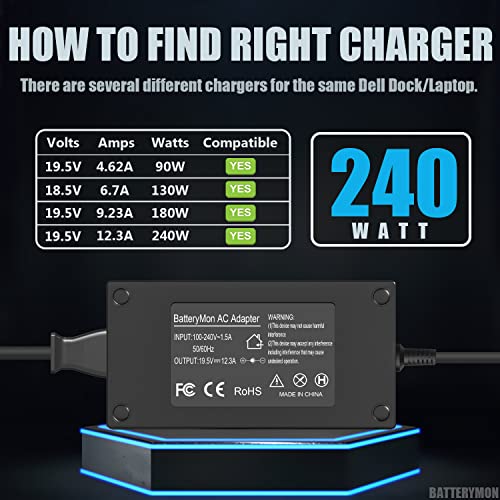 240W Power Adapter for Dell Alienware M15 R2 R3 R4 R6 R7 Alienware 15 17 M17 M11X M14X M17X M18X X15 Area-51m PA-9E, Dell G15 G7 G5 G3 Gaming Laptop Charger with LED Indicator 7.4mm Tip