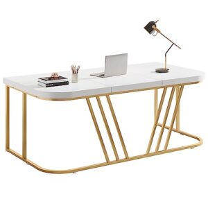 little tree 63 inches executive, home office computer desk modern glod large conference table with metal frame, gold & white