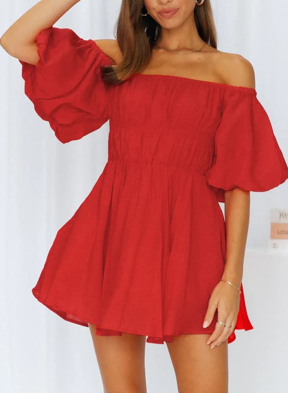 Dokotoo Summer Dresses for Women 2023 Fashion Lantern Sleeve Off Shoulder Dresses for Wedding Guest Ruffle Elastic Waist A-Line Casual Red Mini Dress X-Large