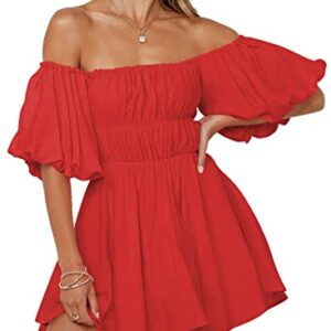 Dokotoo Summer Dresses for Women 2023 Fashion Lantern Sleeve Off Shoulder Dresses for Wedding Guest Ruffle Elastic Waist A-Line Casual Red Mini Dress X-Large