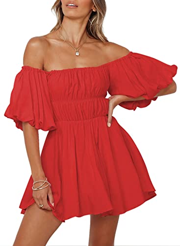 Dokotoo Summer Dresses for Women 2023 Fashion Lantern Sleeve Off Shoulder Dresses for Wedding Guest Ruffle Elastic Waist A-Line Casual Red Mini Dress X-Large