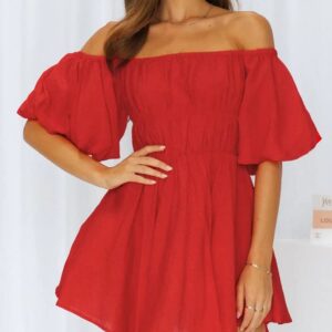 Dokotoo Summer Dresses for Women 2023 Fashion Lantern Sleeve Off Shoulder Dresses for Wedding Guest Ruffle Elastic Waist A-Line Casual Red Mini Dress X-Large