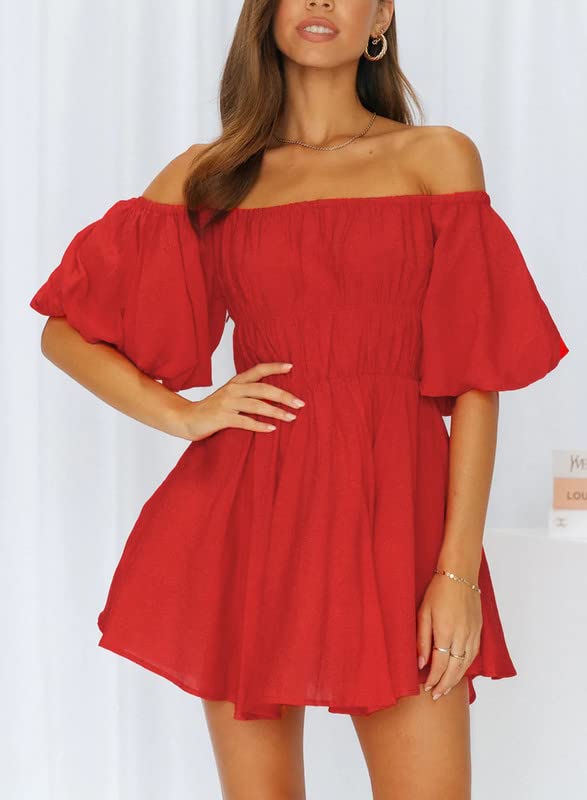 Dokotoo Summer Dresses for Women 2023 Fashion Lantern Sleeve Off Shoulder Dresses for Wedding Guest Ruffle Elastic Waist A-Line Casual Red Mini Dress X-Large