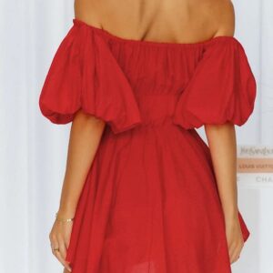 Dokotoo Summer Dresses for Women 2023 Fashion Lantern Sleeve Off Shoulder Dresses for Wedding Guest Ruffle Elastic Waist A-Line Casual Red Mini Dress X-Large