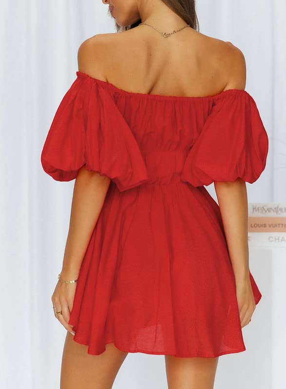 Dokotoo Summer Dresses for Women 2023 Fashion Lantern Sleeve Off Shoulder Dresses for Wedding Guest Ruffle Elastic Waist A-Line Casual Red Mini Dress X-Large