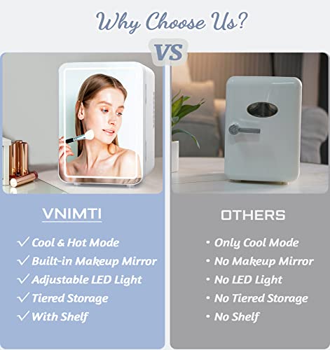 VNIMTI Mini Skincare Fridge 4 Liter/6 Cans, Portable Cosmetic Fridges with Makeup Mirror, Cooler & Warmer, AC & DC, Small Refrigerator for Bedroom, Car, Office, Outdoor (White - 4L)