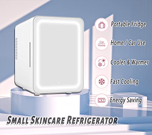 VNIMTI Mini Skincare Fridge 4 Liter/6 Cans, Portable Cosmetic Fridges with Makeup Mirror, Cooler & Warmer, AC & DC, Small Refrigerator for Bedroom, Car, Office, Outdoor (White - 4L)