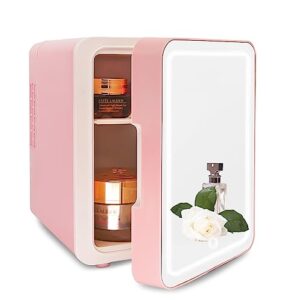 vnimti mini skincare fridge 4 liter/6 cans, portable cosmetic fridges with makeup mirror, cooler & warmer, ac & dc, small refrigerator for bedroom, car, office, outdoor (pink - 4l)