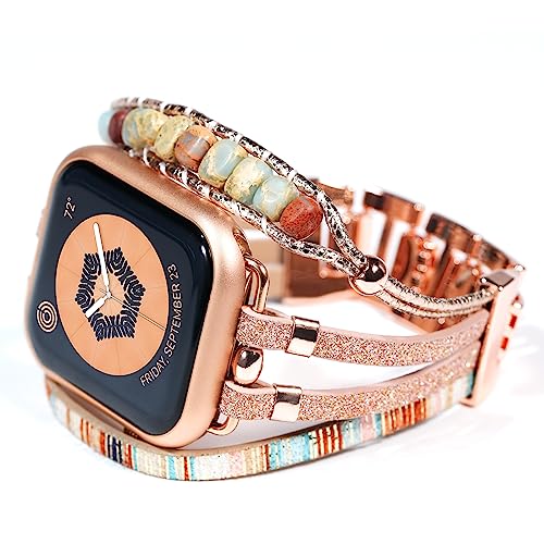 DamonLight Beaded Boho Watch Bracelet Band Compatible with Apple Watch Band Women 38mm 40mm 41mm, Compatible for iWatch Series Ultra 8 7 6 5 4 3 2 6 1 SE (Rose Gold, 38/40/41MM)