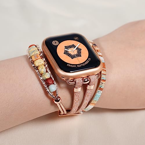 DamonLight Beaded Boho Watch Bracelet Band Compatible with Apple Watch Band Women 38mm 40mm 41mm, Compatible for iWatch Series Ultra 8 7 6 5 4 3 2 6 1 SE (Rose Gold, 38/40/41MM)