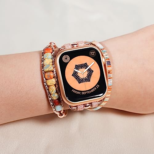 DamonLight Beaded Boho Watch Bracelet Band Compatible with Apple Watch Band Women 38mm 40mm 41mm, Compatible for iWatch Series Ultra 8 7 6 5 4 3 2 6 1 SE (Rose Gold, 38/40/41MM)