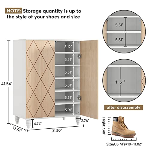 LITTLE TREE 6-Tier 2-Door Shoe Cabinet with Solid Wood Legs, Wooden Shoes Storage Cabinets for Entryway