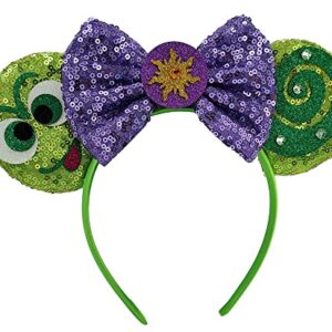 Mouse Ears Headbands with Shiny Purple Bows & Diamond, for Girls Costume Cosplay Glitter Party, for Kids & Adult, Green; 2BQ