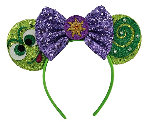 Mouse Ears Headbands with Shiny Purple Bows & Diamond, for Girls Costume Cosplay Glitter Party, for Kids & Adult, Green; 2BQ