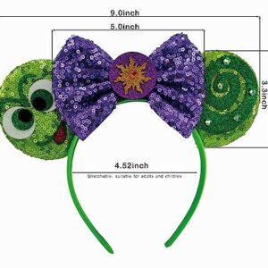 Mouse Ears Headbands with Shiny Purple Bows & Diamond, for Girls Costume Cosplay Glitter Party, for Kids & Adult, Green; 2BQ