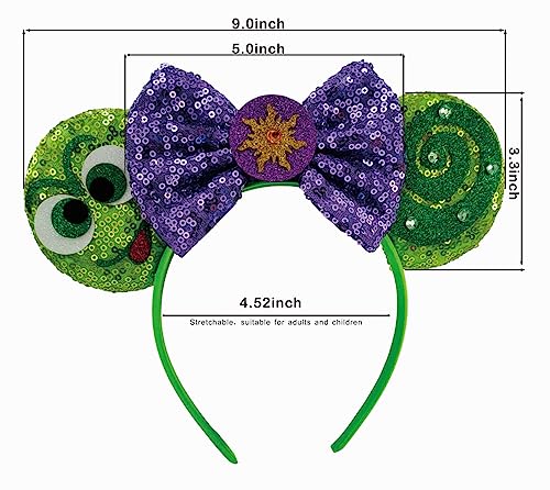 Mouse Ears Headbands with Shiny Purple Bows & Diamond, for Girls Costume Cosplay Glitter Party, for Kids & Adult, Green; 2BQ