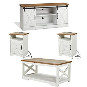 amerlife 4-piece farmhouse table set includes sliding barn door tv stand, coffee table& two end tables, side table with charging station and usb ports, for living room, bedroom, distressed white, 59‘