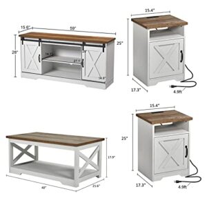 AMERLIFE 4-Piece Farmhouse Table Set Includes Sliding Barn Door TV Stand, Coffee Table& Two End Tables, Side Table with Charging Station and USB Ports, for Living Room, Bedroom, Distressed White, 59‘