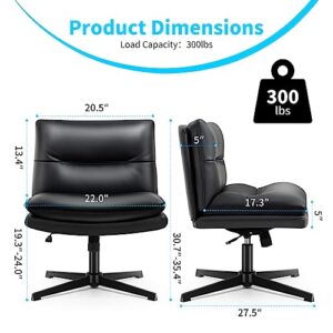 Office Chair Armless Desk Chair No Wheels,Thick Padded Leather Home Office Chairs, Adjustable Swivel Rocking Vanity Chair, Wide Task Computer Chair for Office,Home,Make Up,Small Space,Bedroom Black