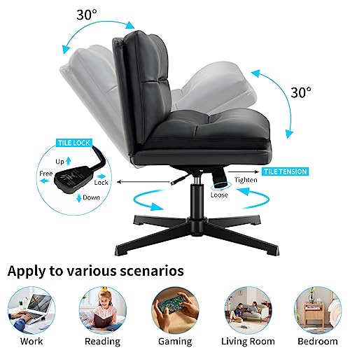 Office Chair Armless Desk Chair No Wheels,Thick Padded Leather Home Office Chairs, Adjustable Swivel Rocking Vanity Chair, Wide Task Computer Chair for Office,Home,Make Up,Small Space,Bedroom Black