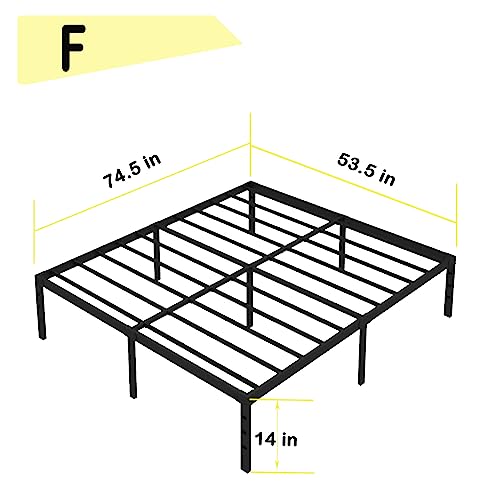 Yedop 14 Inch Full Size Metal Bed Frames, No Box Spring Needed, 2500 lbs Heavy Duty Steel Slat Support, Non-Slip and Noise Free, Full Platform Metal Bed Frame, Adult, Black