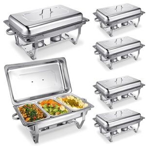 6 pcs chafing dish buffet set 8 qt stainless steel chafer complete set catering buffet servers and warmers with foldable frame, food pan, fuel holder and lid for parties banquet wedding (3 third size)