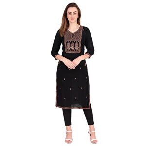 ladyline womens rayon slub embroidered kurti tunic kurta slits embroidery (black-44)