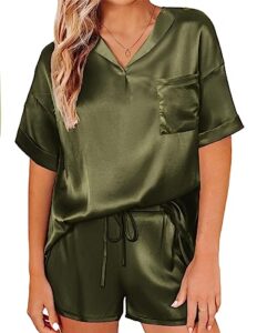 ekouaer silk pajamas womens short sleeve sleepwear 2 piece pjs shorts set s-xxl army green