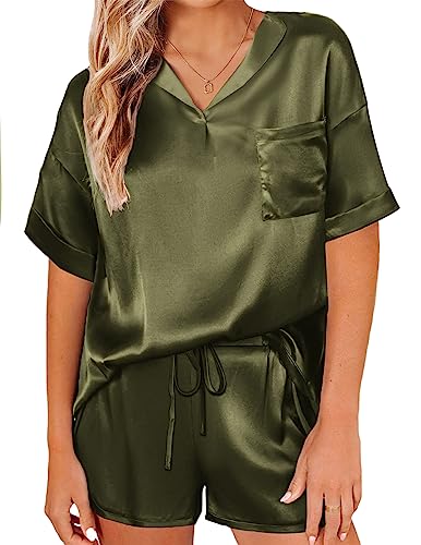 Ekouaer Silk Pajamas Womens Short Sleeve Sleepwear 2 Piece Pjs Shorts Set S-XXL Army Green