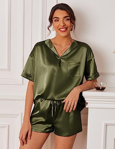 Ekouaer Silk Pajamas Womens Short Sleeve Sleepwear 2 Piece Pjs Shorts Set S-XXL Army Green